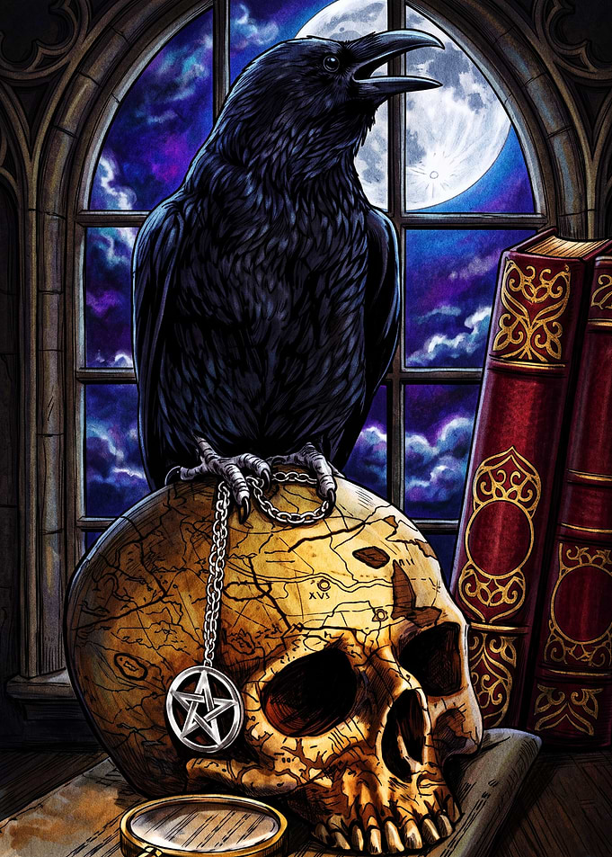 Raven Perched on Map Skull