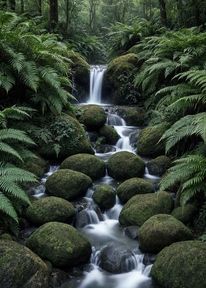 Serene Waterfall in Lush Green Forest