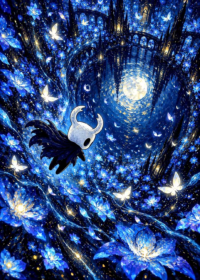 Hollow Knight in Blue Flower Field