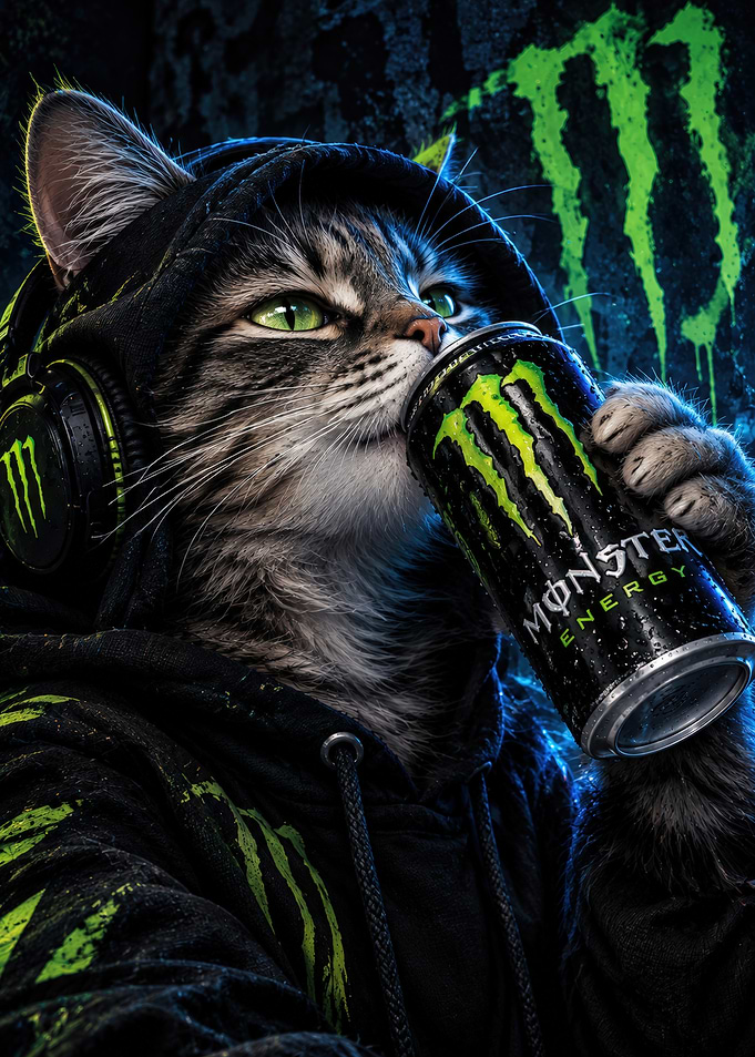Gamer Cat Drinking Monster Energy