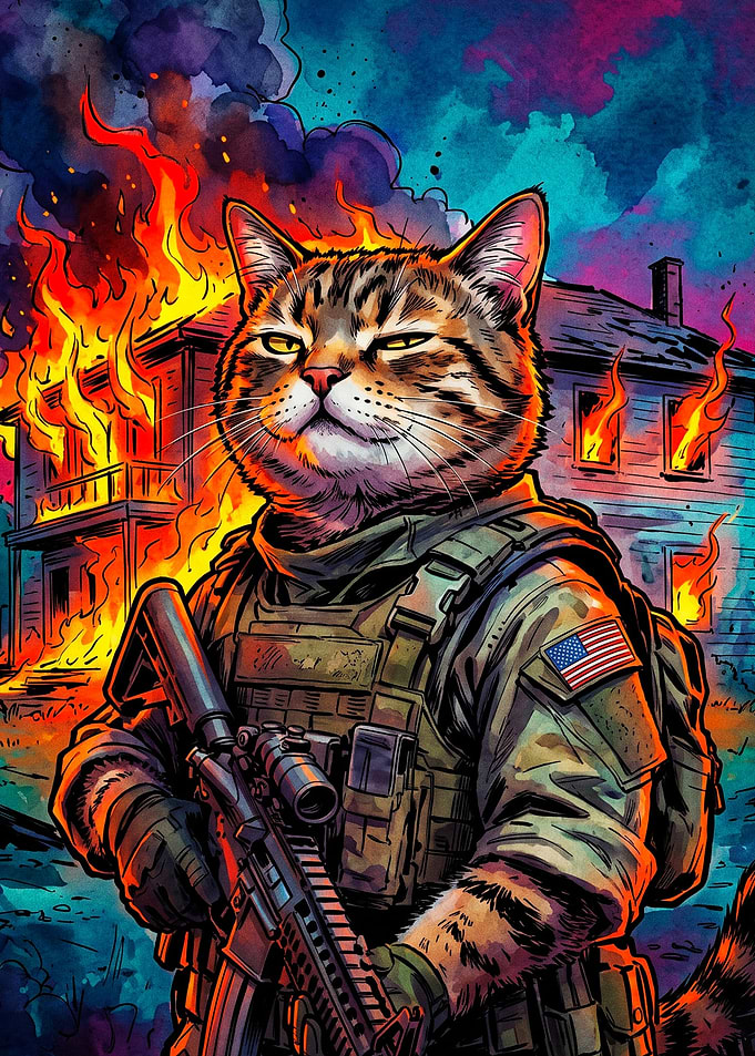 Cat Soldier Fire Chaos Epic Art