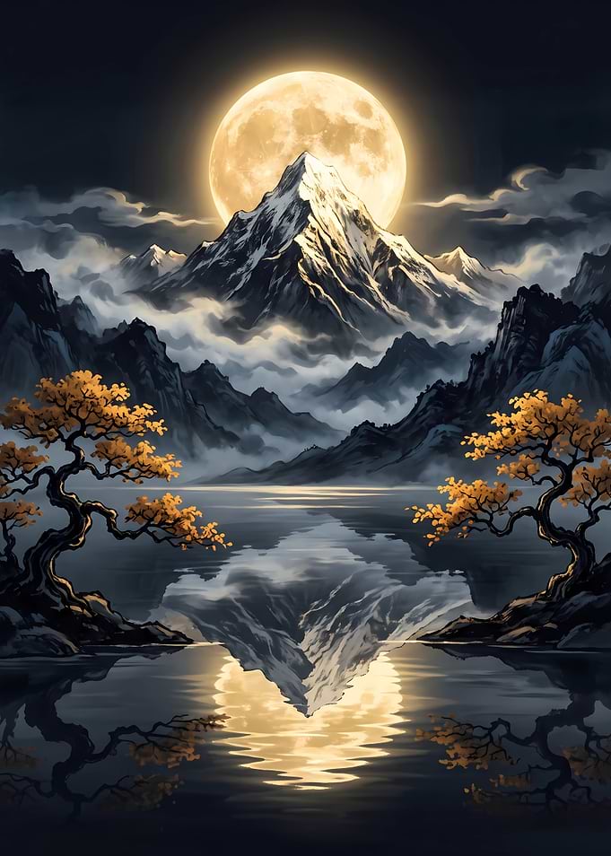 Moonlit Mountain Lake Landscape