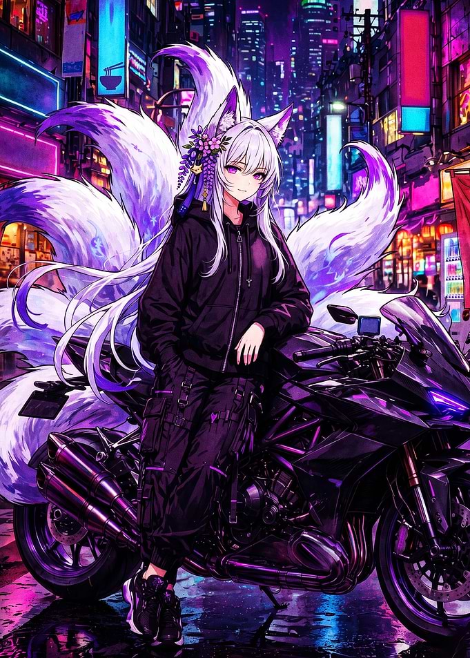 Kitsune Biker Cyberpunk Anime Art