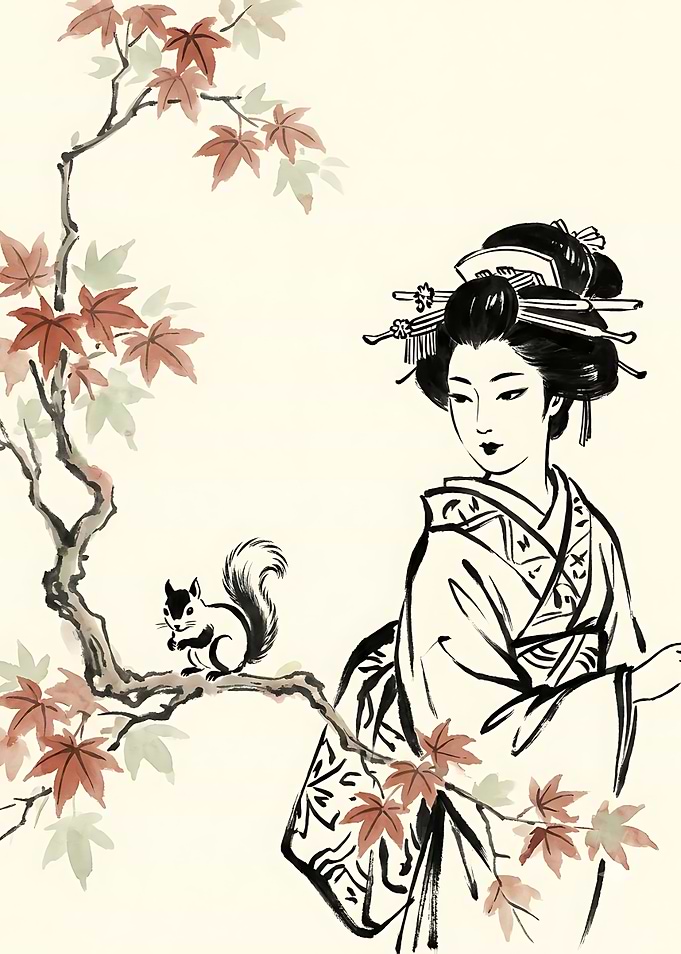 Geisha and Squirrel with Maple Leaves