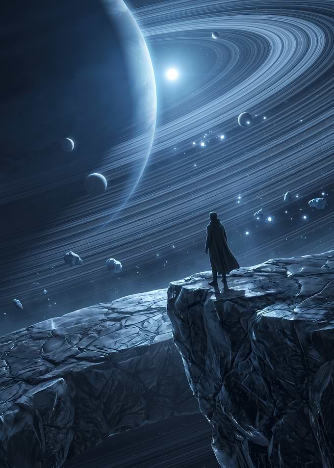 Lone Traveler Overlooking Ringed Planet