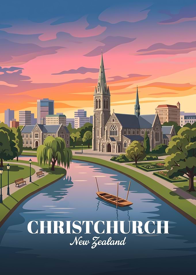 Christchurch New Zealand Travel Poster