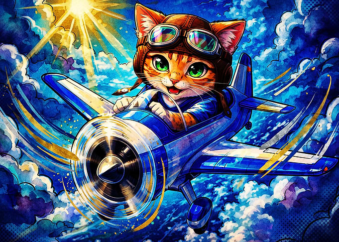 Cat Pilot Airplane Aviator Art