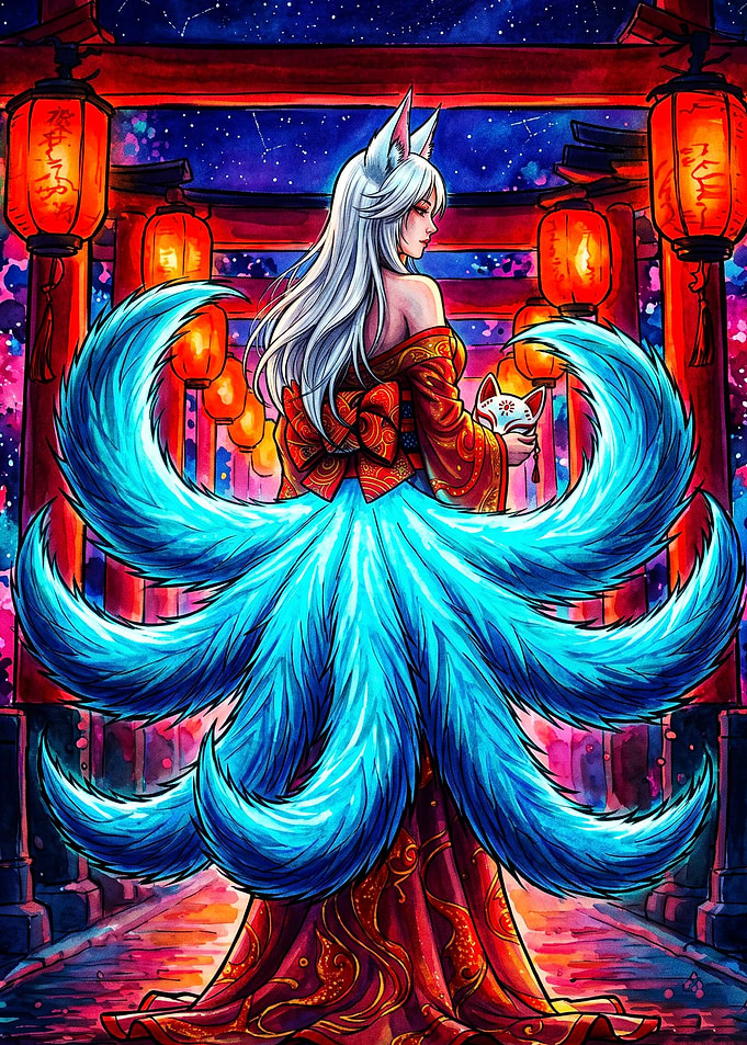 Kitsune Nine-Tail Anime Art Poster