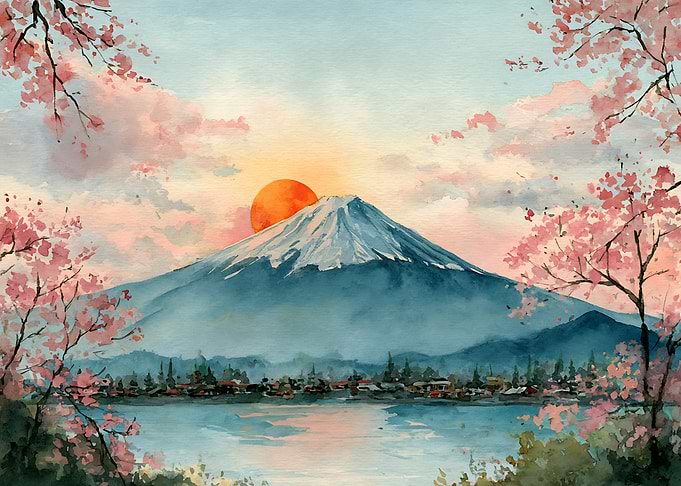 Mount Fuji at Sunset with Cherry Blossoms