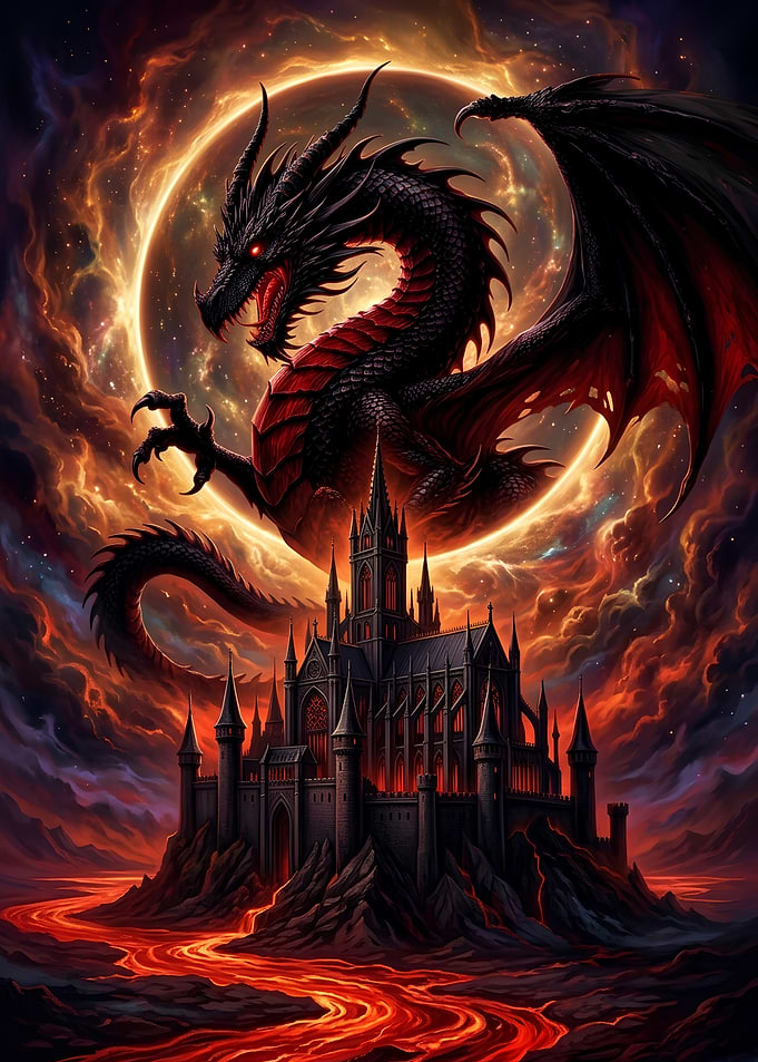 Black Dragon Over Gothic Castle