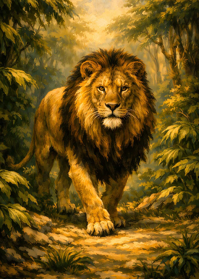 Majestic Lion Walking In A Lush Tropical Forest