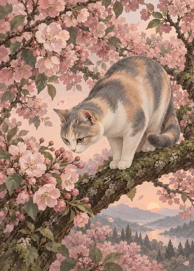 Calico Cat in Cherry Blossom Tree