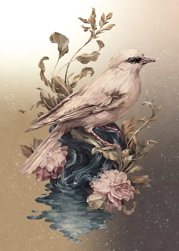 Low Poly Bird and Floral Art