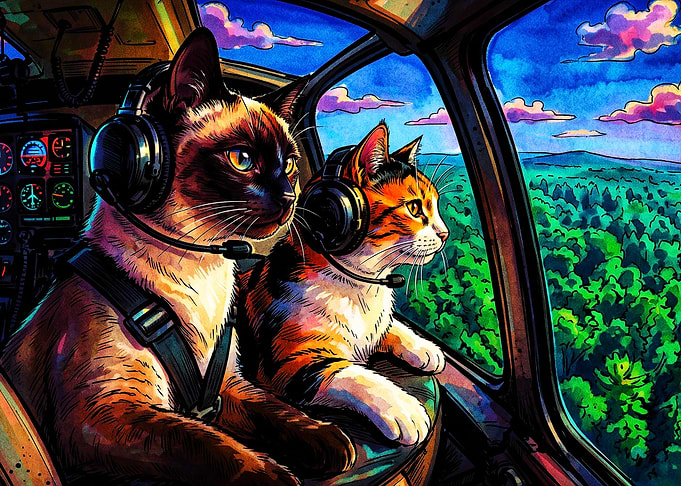 Cat Pilot Helicopter Watercolor Art
