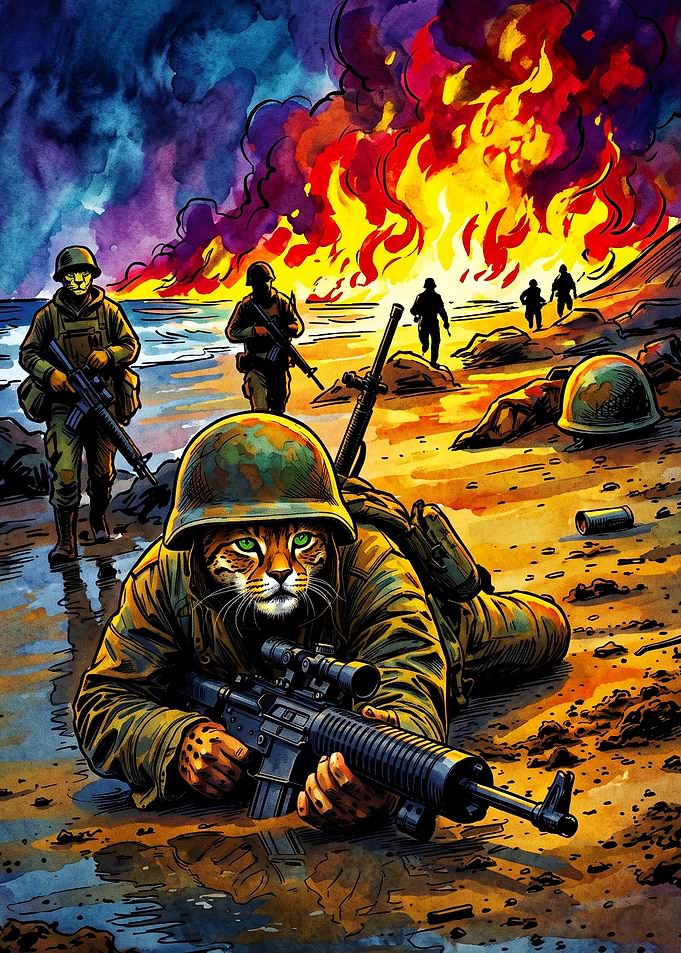 Cat Soldier Combat War Watercolor A