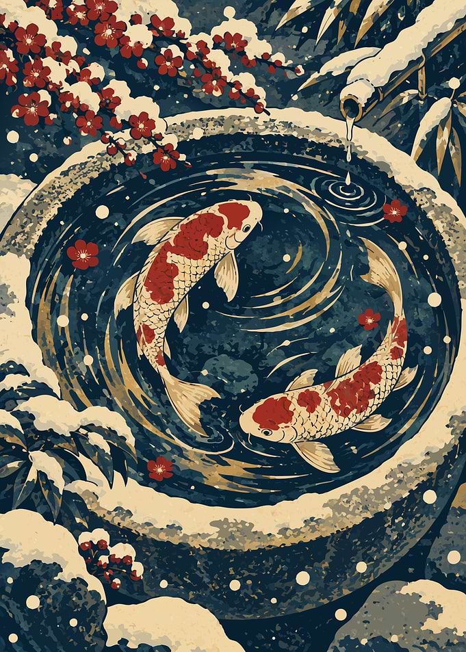 Winter Koi Pond – Japanese Ukiyo-e Inspired Art