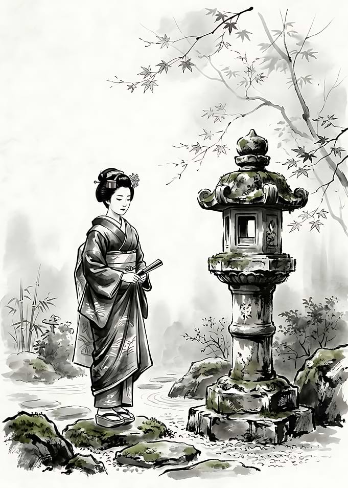 Geisha Standing by Stone Lantern