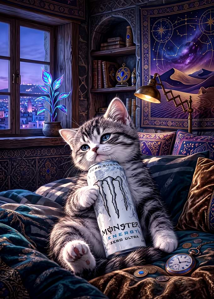 Cute Kitten Holding Monster Energy Drink
