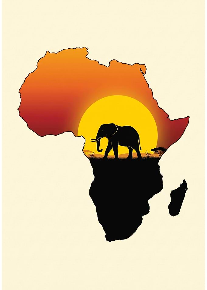 African Elephant Silhouette Map Art