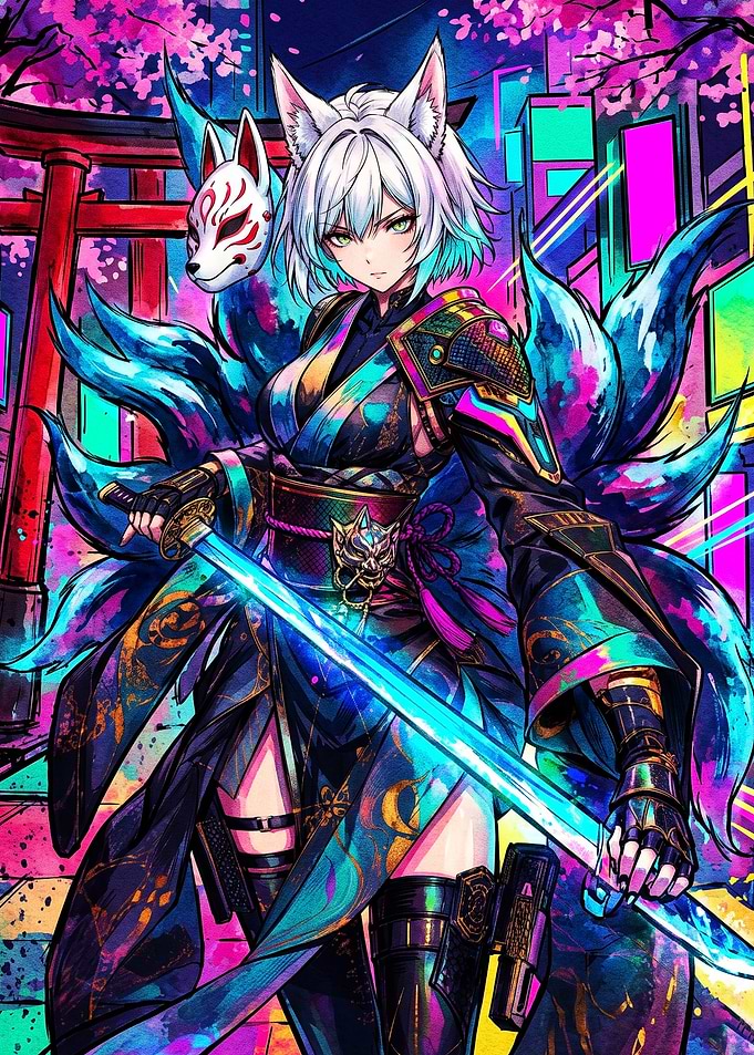 Kitsune Samurai Cyberpunk Neon Art