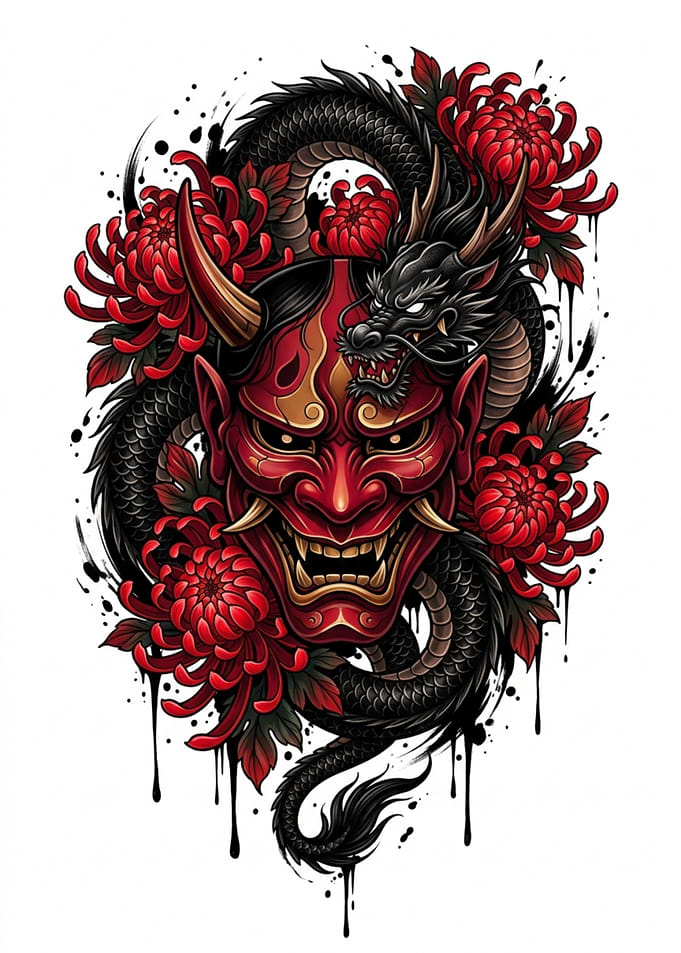 Japanese Oni Mask and Dragon Tattoo