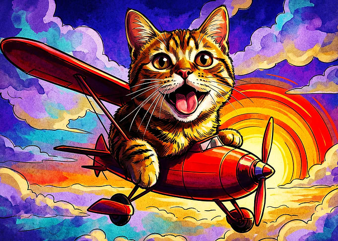 Cat Pilot Airplane Colorful Art