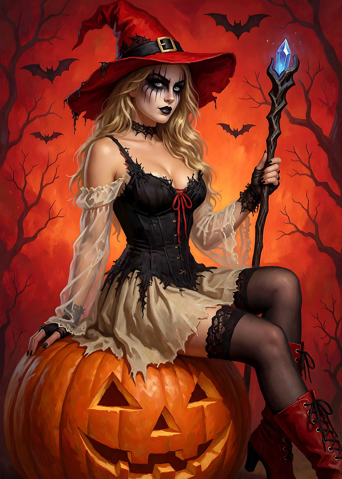 Gothic Witch Sitting on Pumpkin
