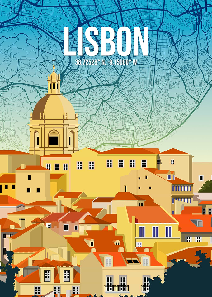 Lisbon Alfama Pantheon Landmark City Map Travel Art