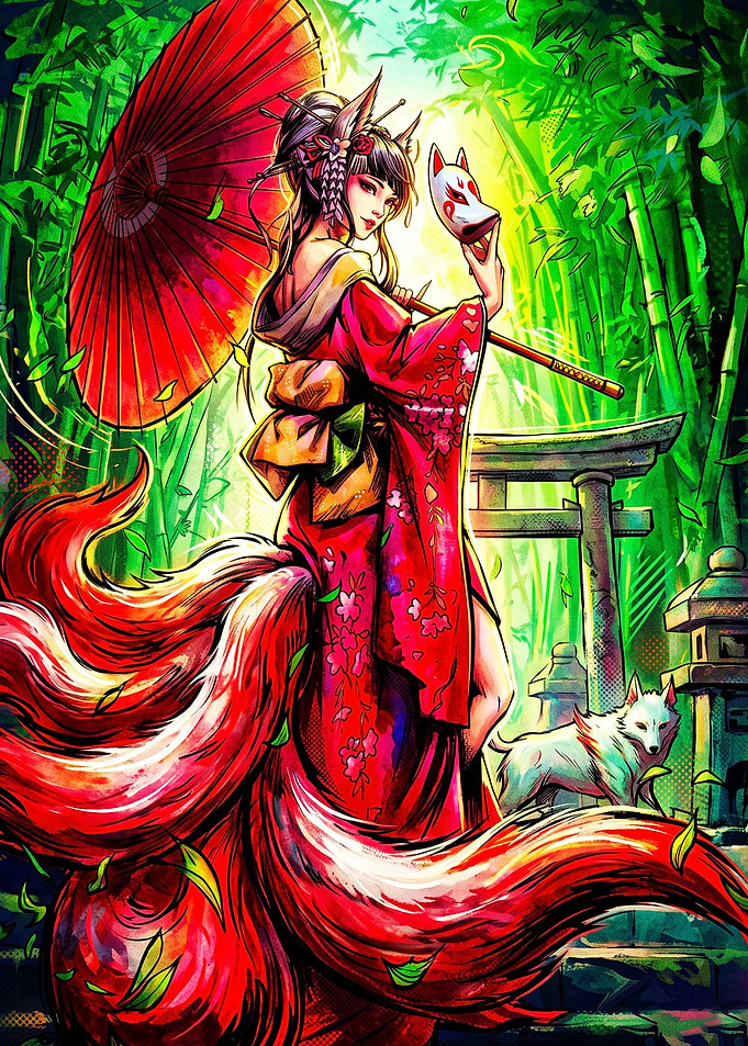 Kitsune Fox Girl Anime Art Poster