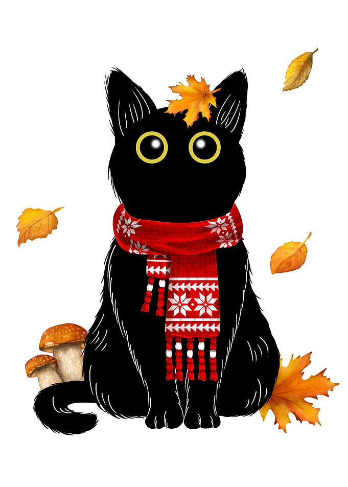 Cute Black Cat in Autumn Scarf