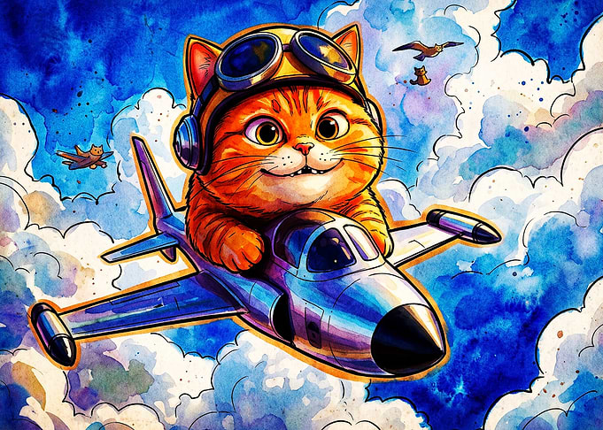 Cat Pilot Airplane Watercolor Art