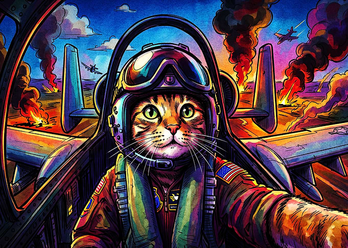 Cat Pilot Fighter Jet Retro Art