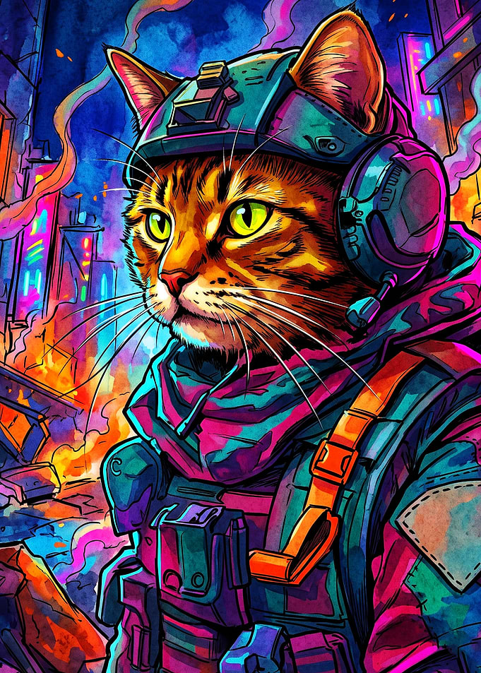 Cyber Cat Tactical Neon Art Poster