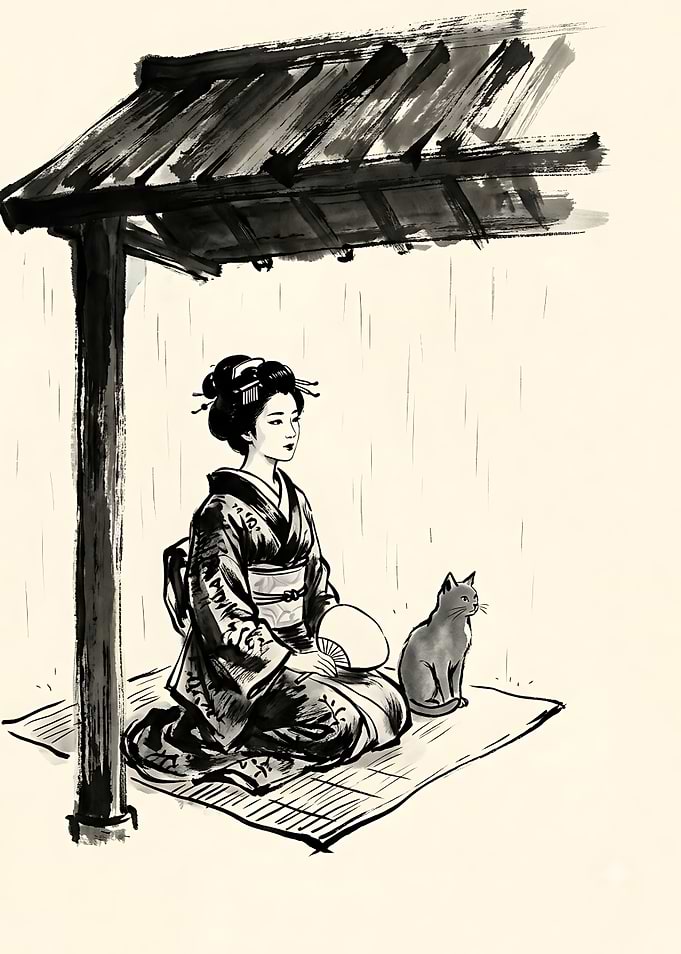 Geisha and Cat in Rain