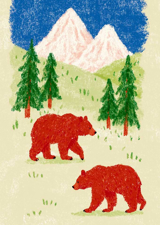 Two Red Bears in Mountain Landscape