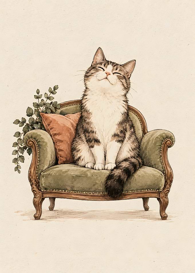 Cozy Cat Relaxing On Vintage Sofa