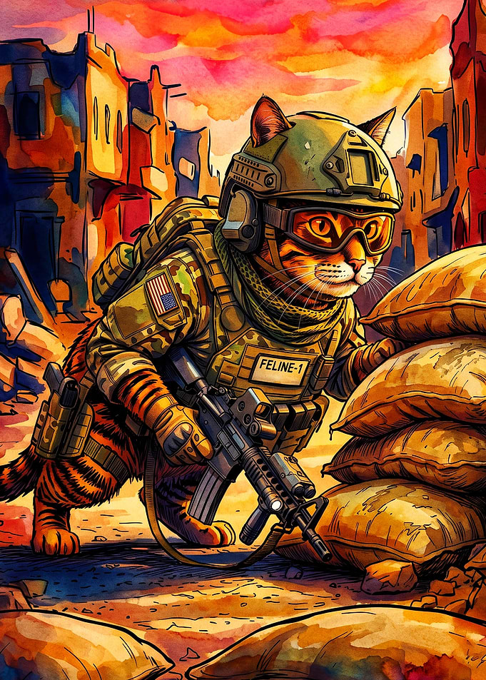 Tactical Cat Soldier Watercolor Art