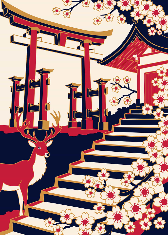 Japanese Shrine with Deer and Sakura