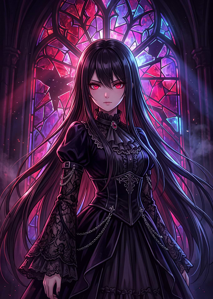 Gothic Anime Girl in Stained Glass