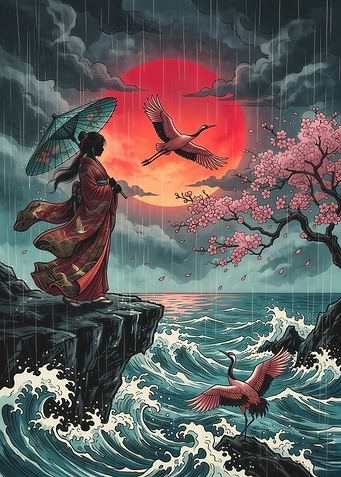 Geisha Standing on Cliff with Cranes