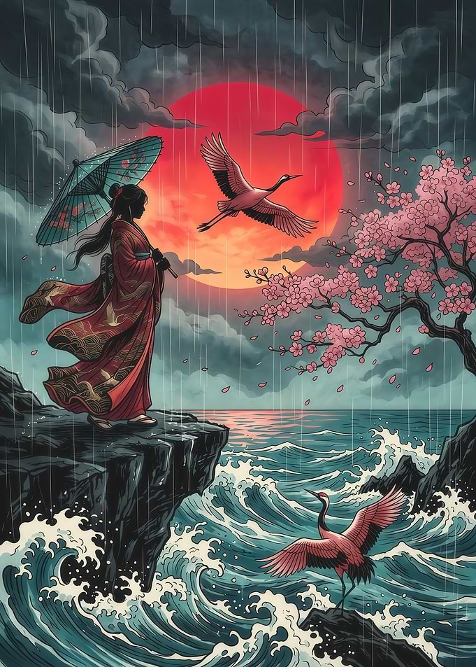 Geisha Standing on Cliff with Cranes