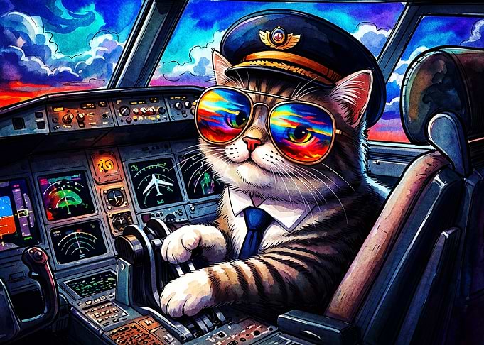 Cat Pilot Cockpit Sunset Art Poster