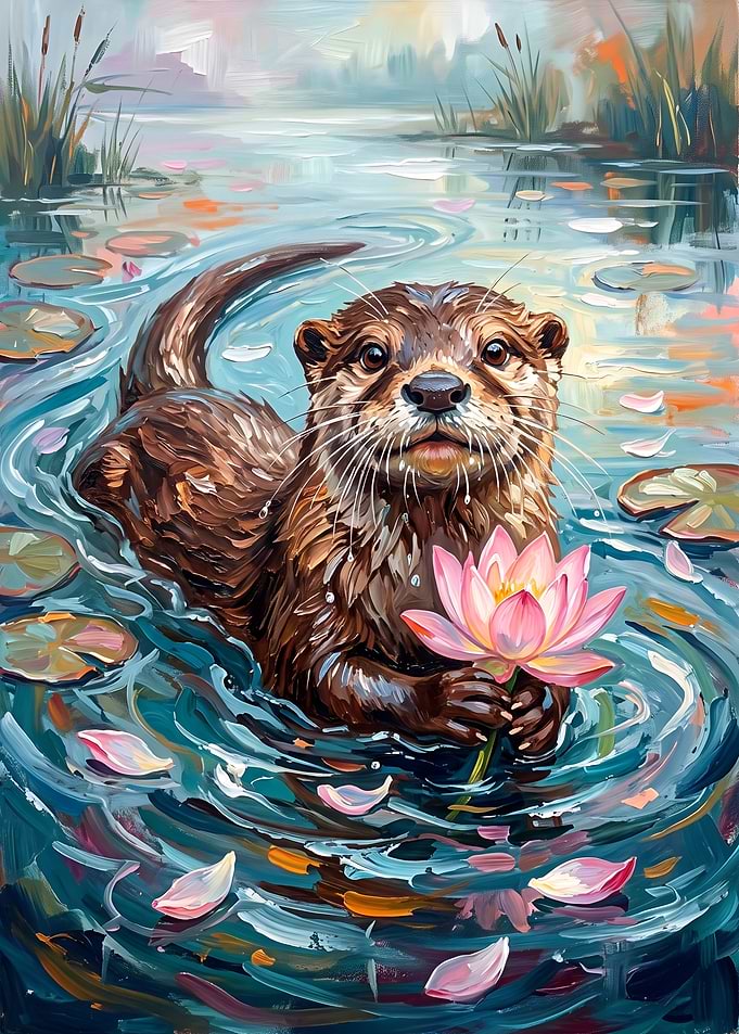 Cute Otter Holding a Pink Lotus