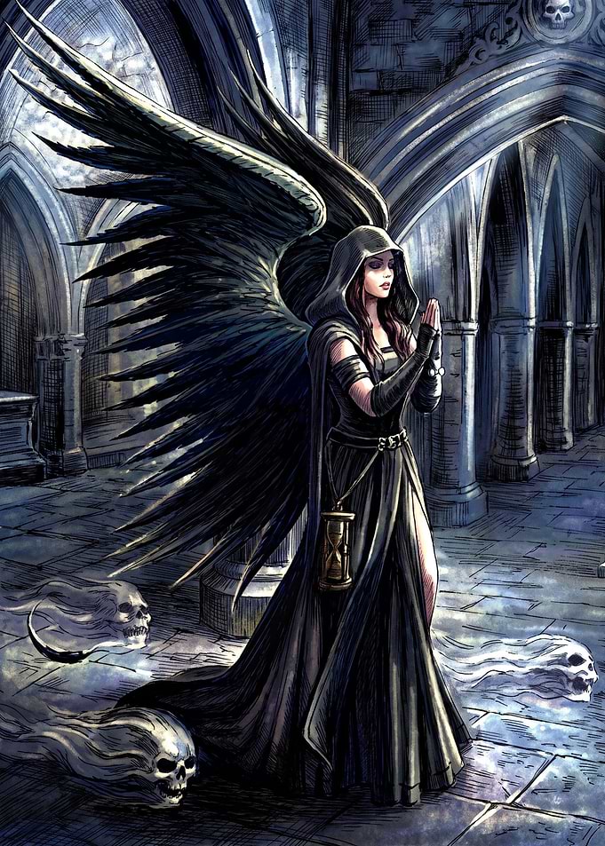 Dark Angel Praying with Skulls