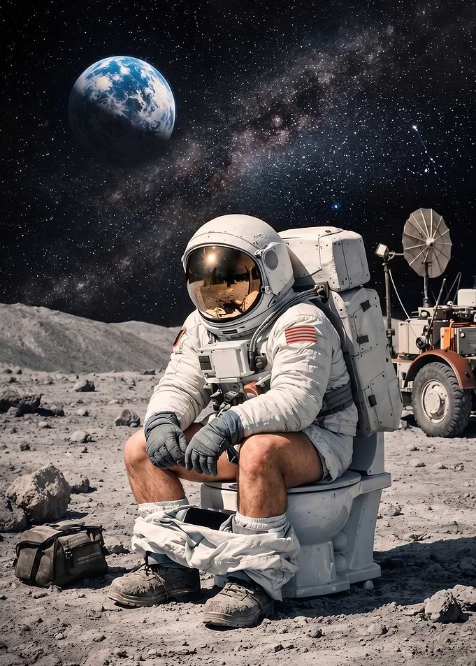 Astronaut Sitting on Toilet on Moon