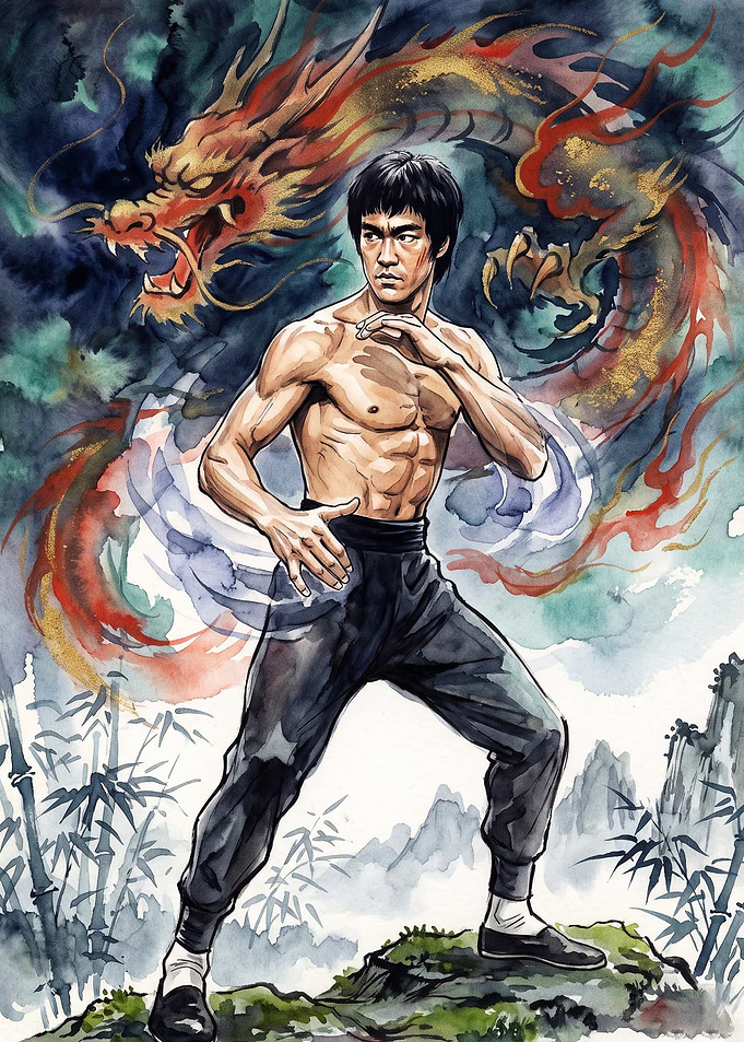 Martial Artist Dragon Watercolor Ar