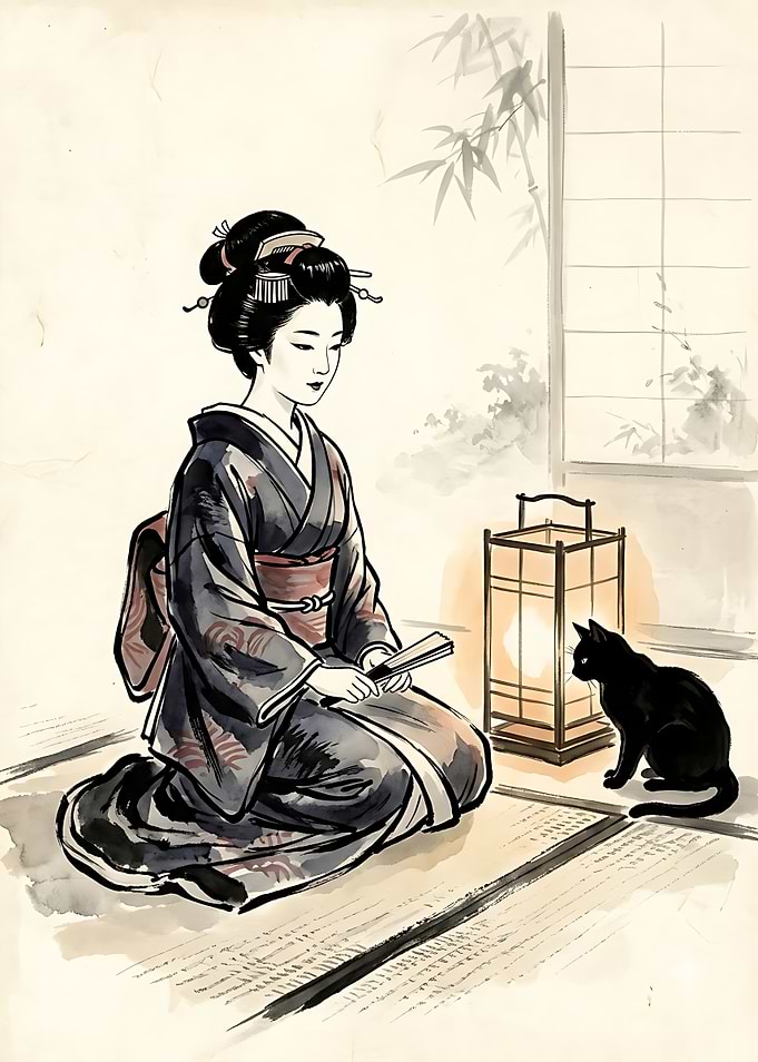 Geisha with Black Cat Illustration
