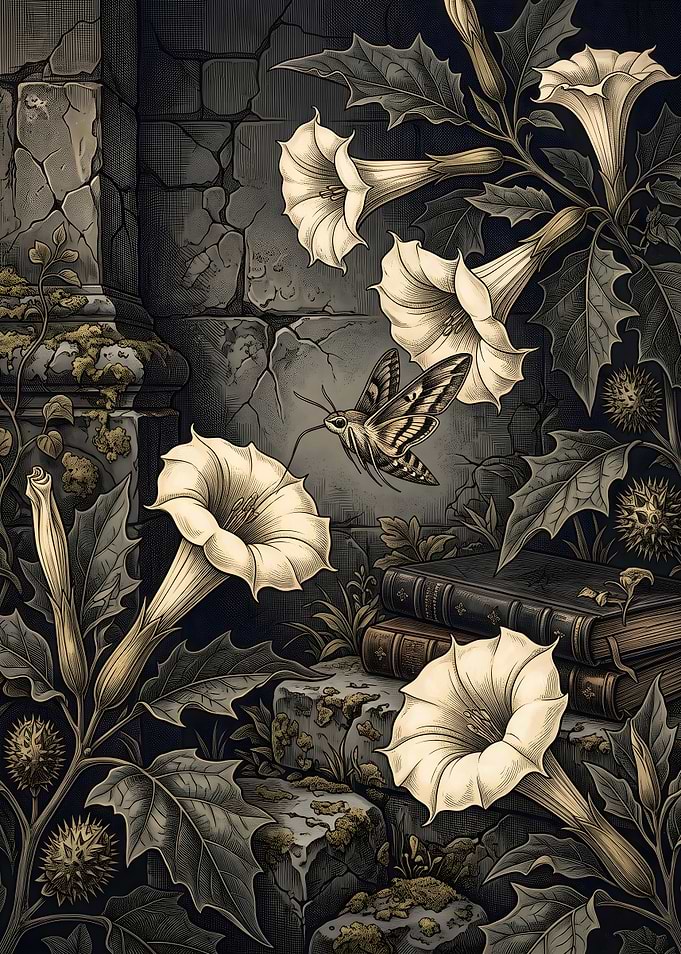 Datura Flowers and Moth Illustration