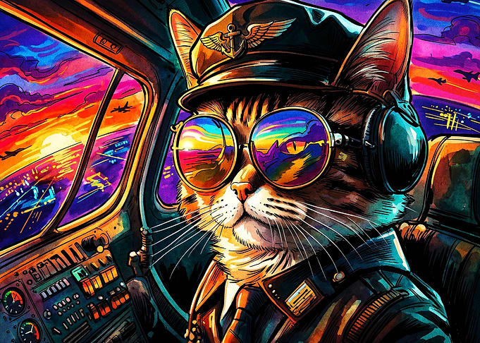 Cat Pilot Retro Sunset Art Poster