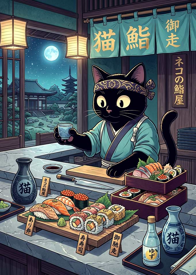 Black Cat Sushi Chef at Night